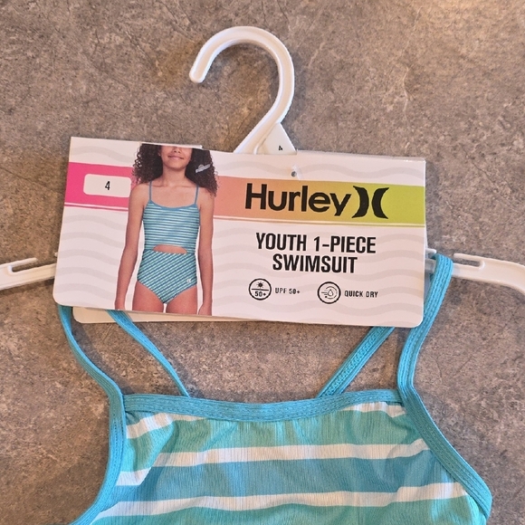 (J35) Hurley Blue and White One Piece Swimsuit Dynamic Stripes - Picture 3 of 5